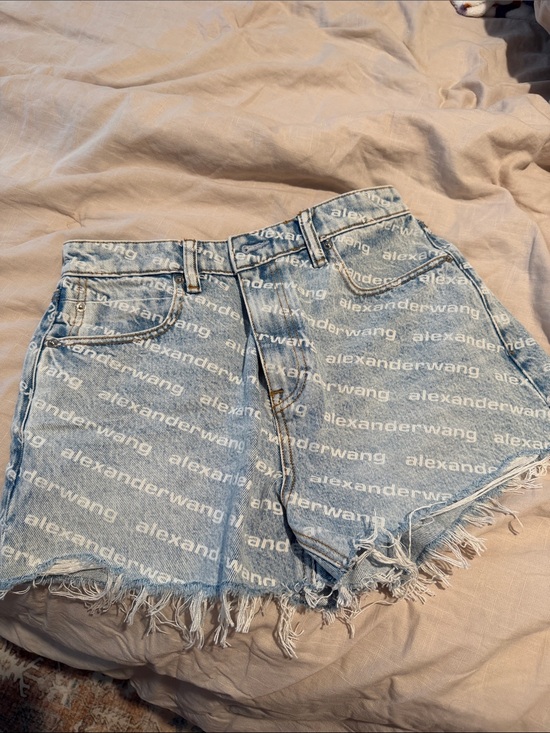 Alexander Wang Pants - Alexander Wang White Logo Light Blue Denim Cutoff Shorts